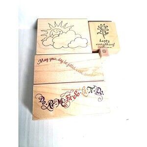 Vintage Lot of 5 Wooden Rubber Stamps Sunshine Music Happy Scrapbooking Stamping